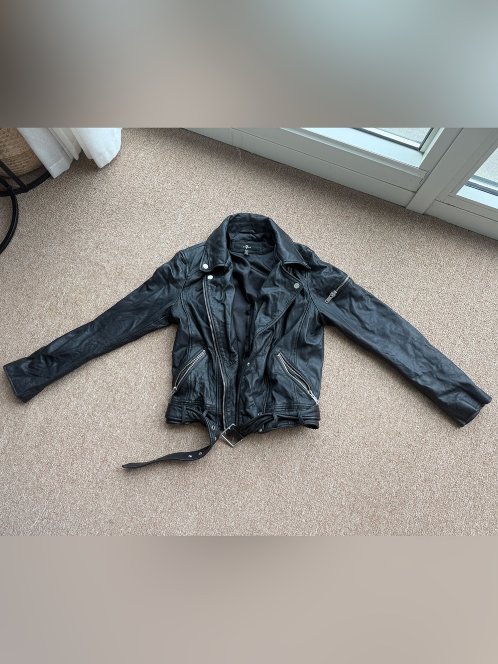 7 For All Mankind Black Leather Moto Jacket with Belt